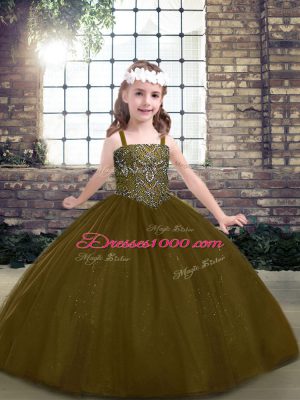 Discount Floor Length Lace Up Little Girls Pageant Gowns Brown for Party and Military Ball and Wedding Party with Beading