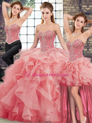 Watermelon Red Tulle Lace Up Quince Ball Gowns Sleeveless Brush Train Beading and Ruffles