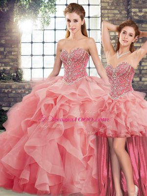 Watermelon Red Tulle Lace Up Quince Ball Gowns Sleeveless Brush Train Beading and Ruffles