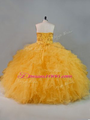 Stunning Sleeveless Lace Up Floor Length Beading and Ruffles Ball Gown Prom Dress