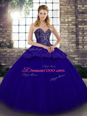 Blue Tulle Lace Up Sweetheart Sleeveless Floor Length Quince Ball Gowns Beading and Appliques