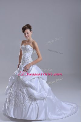 White Sleeveless Brush Train Beading and Pick Ups Wedding Gowns