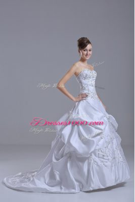 White Sleeveless Brush Train Beading and Pick Ups Wedding Gowns