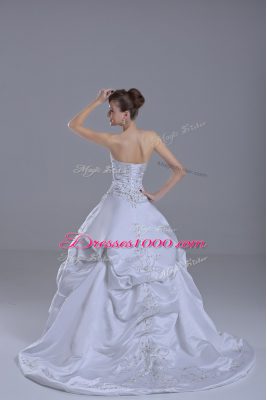 White Sleeveless Brush Train Beading and Pick Ups Wedding Gowns