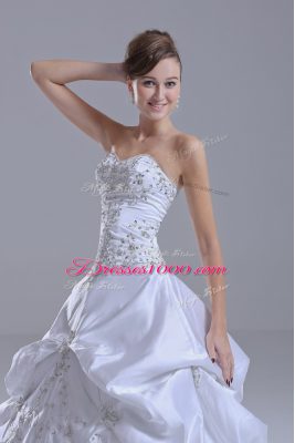 White Sleeveless Brush Train Beading and Pick Ups Wedding Gowns