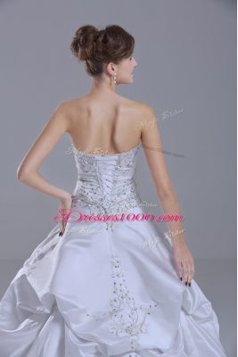 White Sleeveless Brush Train Beading and Pick Ups Wedding Gowns