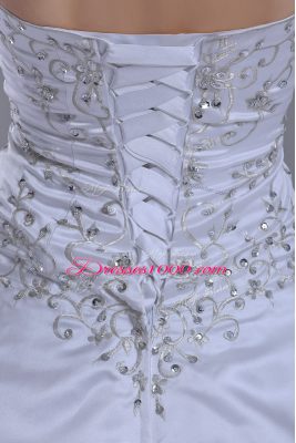 White Sleeveless Brush Train Beading and Pick Ups Wedding Gowns