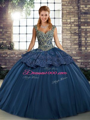 Nice Navy Blue 15 Quinceanera Dress Military Ball and Sweet 16 and Quinceanera with Beading and Appliques Straps Sleeveless Lace Up