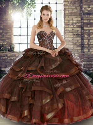 Unique Brown Quince Ball Gowns Military Ball and Sweet 16 and Quinceanera with Beading and Ruffles Sweetheart Sleeveless Lace Up