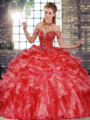 Deluxe Floor Length Coral Red Quince Ball Gowns Organza Sleeveless Beading and Ruffles
