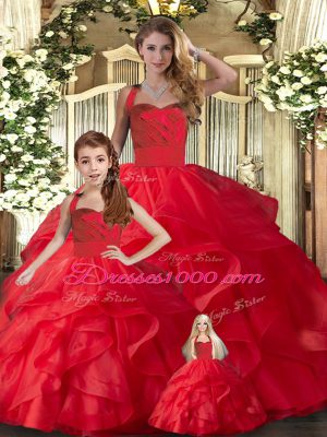 Graceful Sleeveless Floor Length Ruffles Lace Up Sweet 16 Quinceanera Dress with Red