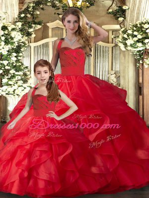 Graceful Sleeveless Floor Length Ruffles Lace Up Sweet 16 Quinceanera Dress with Red