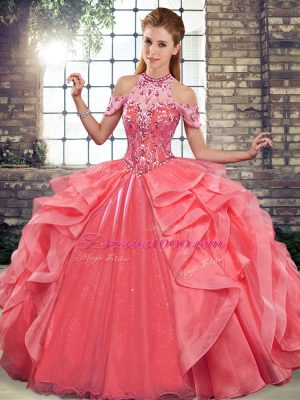 Lovely Watermelon Red Ball Gowns Organza Halter Top Sleeveless Beading and Ruffles Floor Length Lace Up Quinceanera Gown