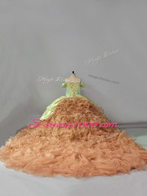 Noble Organza Off The Shoulder Sleeveless Chapel Train Lace Up Embroidery and Ruffles Quinceanera Gowns in Multi-color