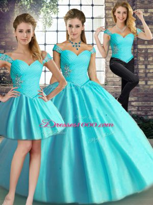 Enchanting Aqua Blue Vestidos de Quinceanera Military Ball and Sweet 16 and Quinceanera with Beading Off The Shoulder Sleeveless Lace Up