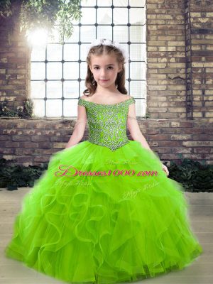 Ball Gowns Off The Shoulder Sleeveless Tulle Floor Length Zipper Beading and Ruffles Child Pageant Dress