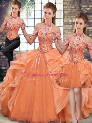 Floor Length Orange Quinceanera Gowns Organza Sleeveless Beading and Ruffles