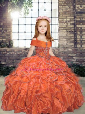Orange Ball Gowns Beading Kids Formal Wear Lace Up Organza Sleeveless Floor Length