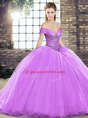 Modest Organza Off The Shoulder Sleeveless Brush Train Lace Up Beading Sweet 16 Quinceanera Dress in Lavender
