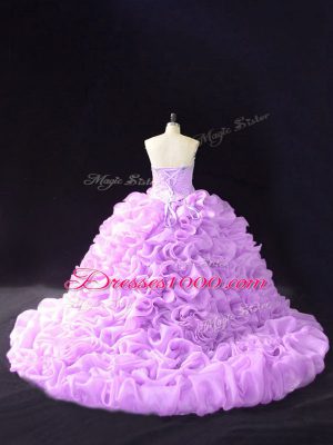 Exquisite Sleeveless Beading and Pick Ups and Hand Made Flower Lace Up Sweet 16 Dress with Lilac Court Train