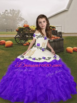 Organza Straps Sleeveless Lace Up Embroidery and Ruffles Pageant Dress in Purple