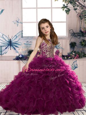 Fuchsia Little Girl Pageant Gowns Party and Military Ball and Wedding Party with Beading and Ruffles Scoop Sleeveless Lace Up