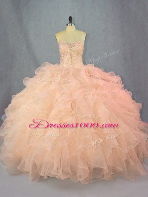 Shining Ball Gowns 15th Birthday Dress Peach Sweetheart Organza Sleeveless Floor Length Lace Up
