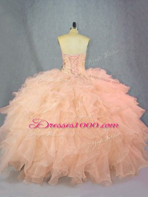 Shining Ball Gowns 15th Birthday Dress Peach Sweetheart Organza Sleeveless Floor Length Lace Up