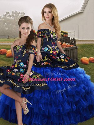 Sleeveless Floor Length Embroidery and Ruffled Layers Lace Up 15 Quinceanera Dress with Blue And Black