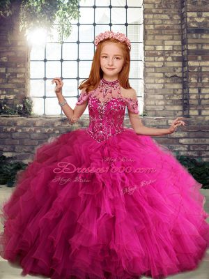 Custom Designed Fuchsia Girls Pageant Dresses Party with Beading and Ruffles High-neck Sleeveless Lace Up