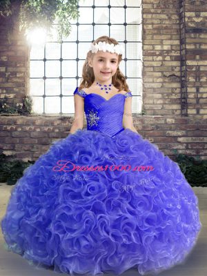 Glorious Straps Sleeveless Pageant Dress for Girls Floor Length Beading and Ruching Purple Fabric With Rolling Flowers