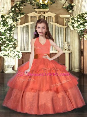 Orange Red Organza Lace Up Halter Top Sleeveless Floor Length Party Dress for Toddlers Ruffled Layers