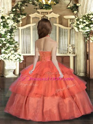 Orange Red Organza Lace Up Halter Top Sleeveless Floor Length Party Dress for Toddlers Ruffled Layers