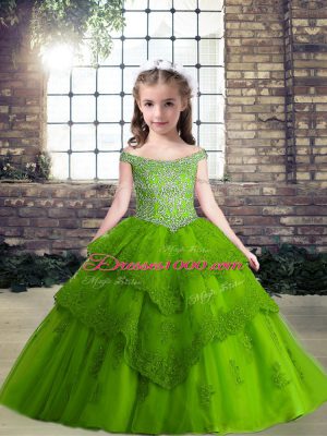 Floor Length Ball Gowns Sleeveless Green Pageant Gowns For Girls Lace Up