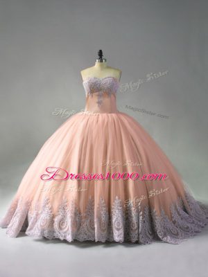 Enchanting Peach Ball Gowns Beading and Appliques Sweet 16 Dress Lace Up Tulle Sleeveless