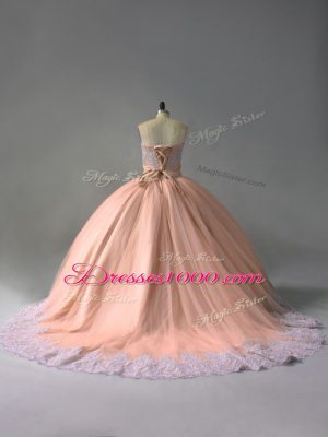 Enchanting Peach Ball Gowns Beading and Appliques Sweet 16 Dress Lace Up Tulle Sleeveless