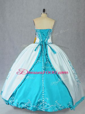 Top Selling White Lace Up Strapless Embroidery Sweet 16 Dress Satin Sleeveless