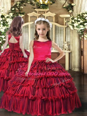 Red Sleeveless Floor Length Ruffled Layers Lace Up Little Girl Pageant Gowns