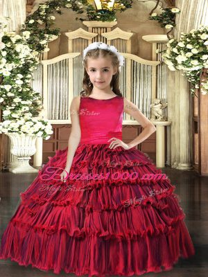 Red Sleeveless Floor Length Ruffled Layers Lace Up Little Girl Pageant Gowns