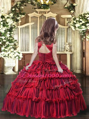 Red Sleeveless Floor Length Ruffled Layers Lace Up Little Girl Pageant Gowns