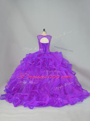 Purple Scoop Lace Up Beading and Ruffles Quinceanera Gowns Brush Train Sleeveless