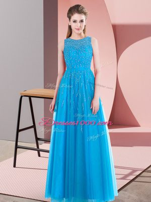 Sleeveless Tulle Floor Length Side Zipper Custom Made Pageant Dress in Aqua Blue with Beading
