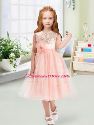 Custom Design Tea Length Zipper Flower Girl Dresses for Less Baby Pink for Wedding Party with Sequins and Hand Made Flower