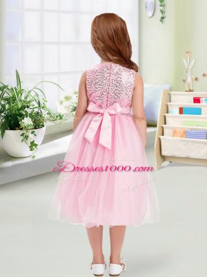 Custom Design Tea Length Zipper Flower Girl Dresses for Less Baby Pink for Wedding Party with Sequins and Hand Made Flower