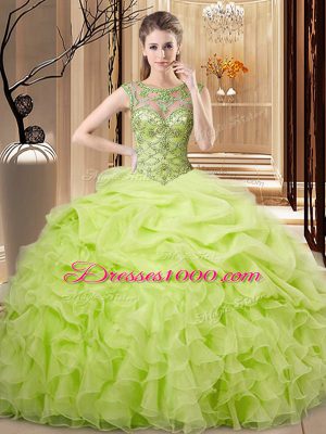 Latest Floor Length Yellow Green Quinceanera Dress Organza Sleeveless Beading and Ruffles and Pick Ups