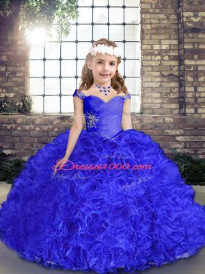 Custom Fit Floor Length Royal Blue Little Girls Pageant Dress Wholesale Straps Sleeveless Lace Up