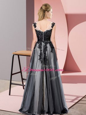 Sleeveless Tulle Floor Length Zipper Wedding Guest Dresses in Navy Blue with Beading and Lace