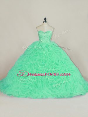 Fancy Sweetheart Sleeveless Court Train Lace Up 15 Quinceanera Dress Green Fabric With Rolling Flowers
