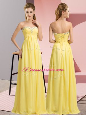 Hot Selling Yellow Lace Up Prom Dress Beading Sleeveless Floor Length