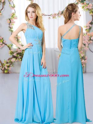 Superior Aqua Blue One Shoulder Zipper Beading Wedding Party Dress Sleeveless